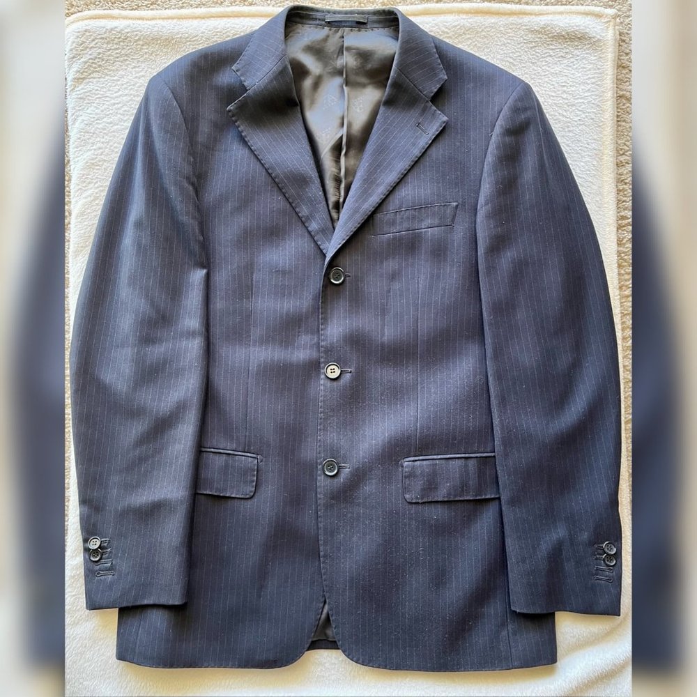 Men's Dark Navy Blue Striped Three-Button Blazer